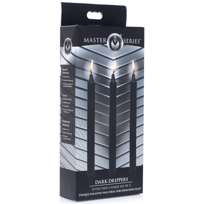 Master Series Dark Drippers Fetish Kerzen Drei Stuck Schwarz – Detailaufnahme Rückseite