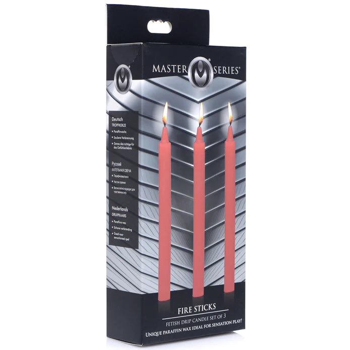 Master Series Fire Sticks Fetish Kerzen Drei Stuck Rot – Detailaufnahme Rückseite