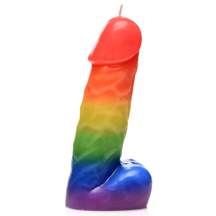 Master Series Pride Pecker Kaltwachskerze In Penisform Regenbogen – Detailaufnahme Rückseite