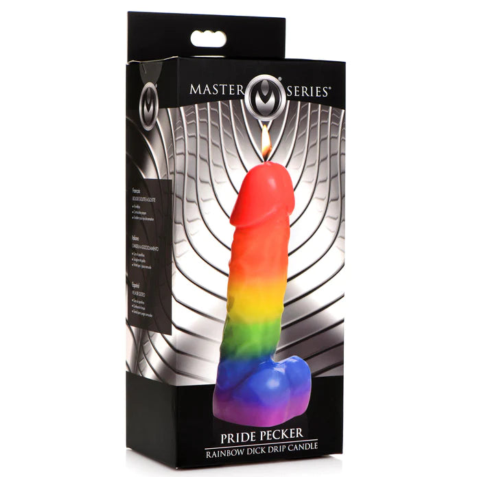 Master Series Pride Pecker Kaltwachskerze In Penisform Regenbogen – Zoom auf Verschluss/Label