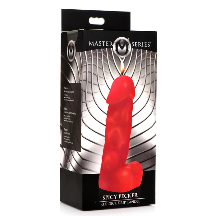 Master Series Spicy Pecker Kaltwachskerze In Penisform Rot – Zoom auf Verschluss/Label