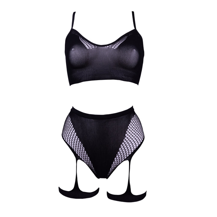 Fishnet Set von Le Désir schwarz mit Strumpfbändern