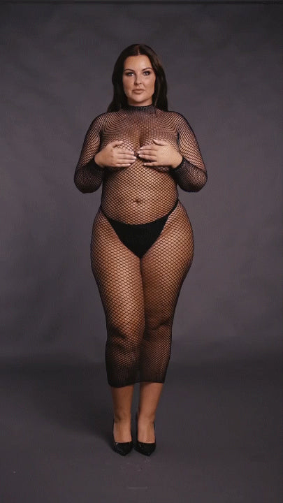 Langes Kleid mit Netzstruktur und Turtleneck von Le Désir schwarz Queensize