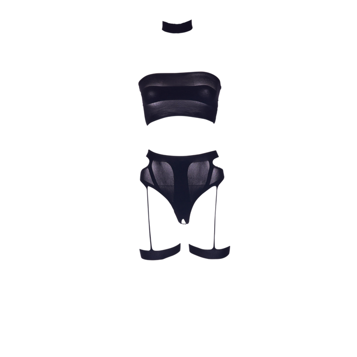 Ananke XII – Dreiteiler mit Halsband, Bandeau-Oberteil und Höschen mit Strumpfhaltern von Le Désir schwarz