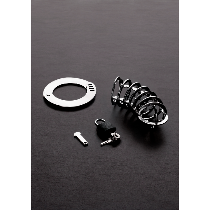 Shots Steel   Peniskäfig Mit Innenliegenden Dornen, silber, Edelstahl, Default Title – Hauptansicht: verführerisch präsentiert