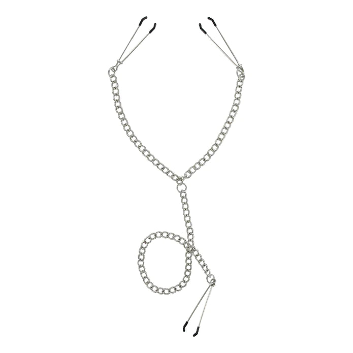 Master Series   Nipple To Clit Klemmenset Mit Kette, silber; schwarz, stahl; vinyl, Default Title – Hauptansicht: verführerisch präsentiert