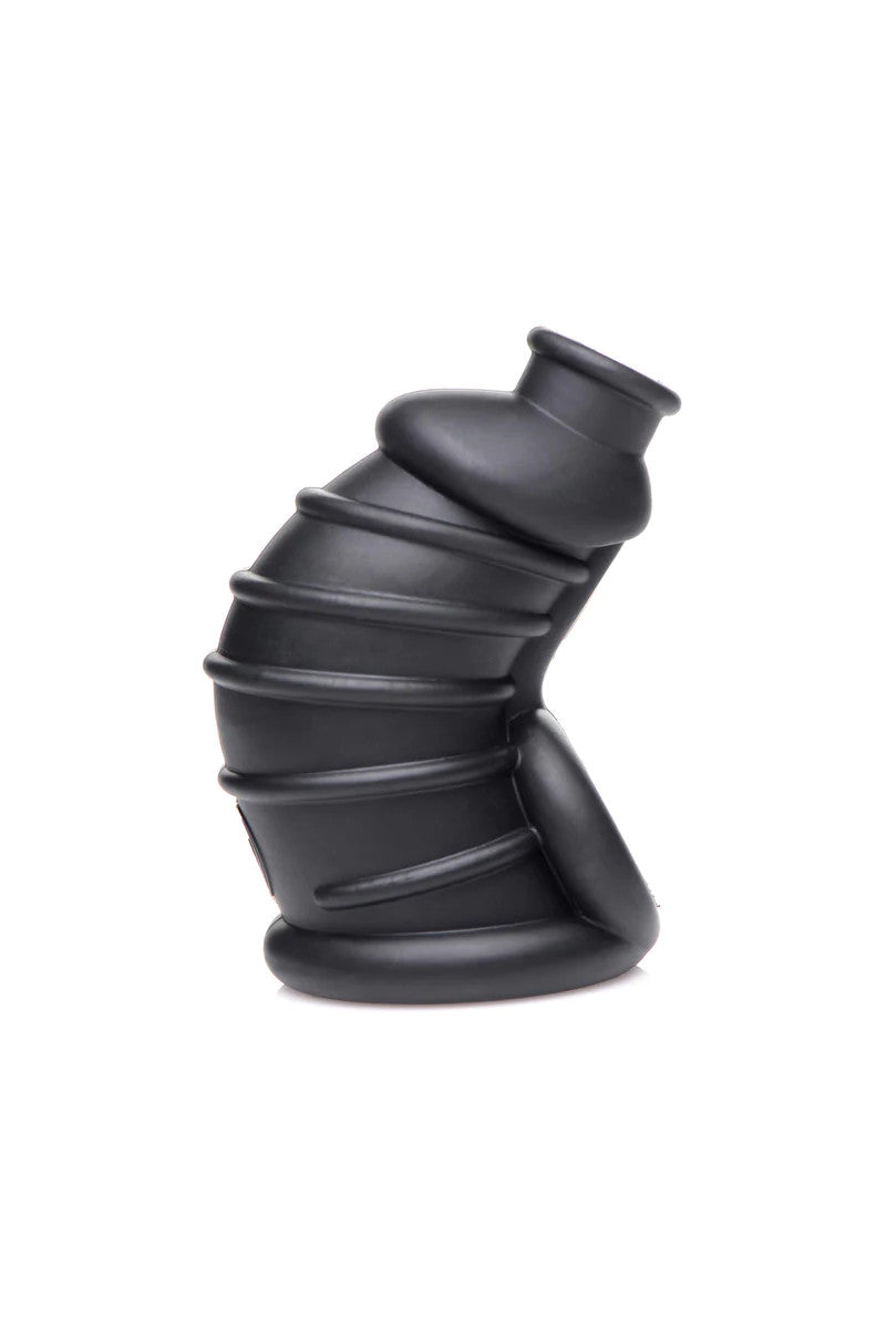 Master Series Dark Chamber Peniskafig Aus Silikon Schwarz – Detailaufnahme Vorderseite