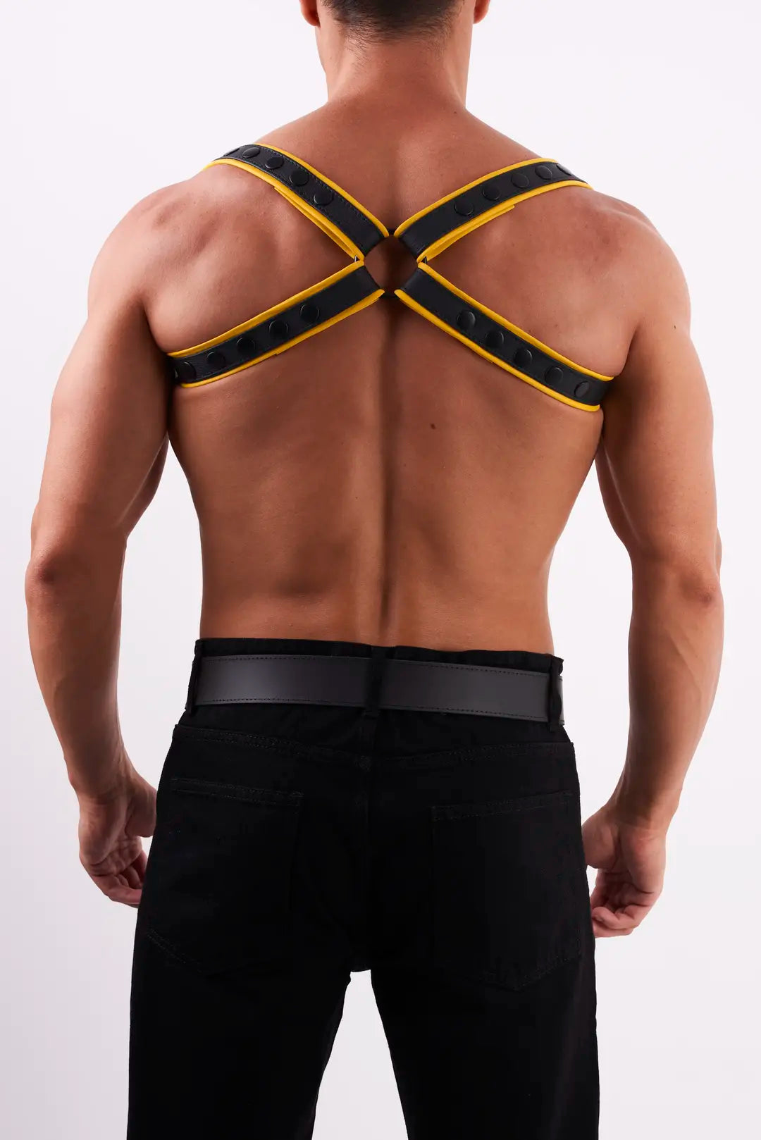 KinkySabine - Schulterharness aus weichem Leder schwarz/gelb