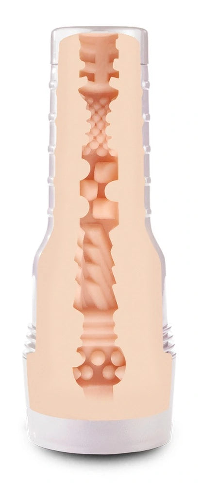 Fleshlight Abella Danger Masturbator in Hautton mit strukturiertem Innenkanal und transparentem Hartkunststoffgehäuse