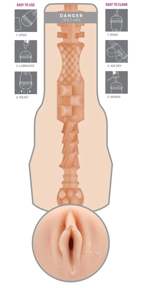 Fleshlight Abella Danger Masturbator in Hautton mit texturiertem Danger-Kanal, Pflegeanleitung und realistischem Design
