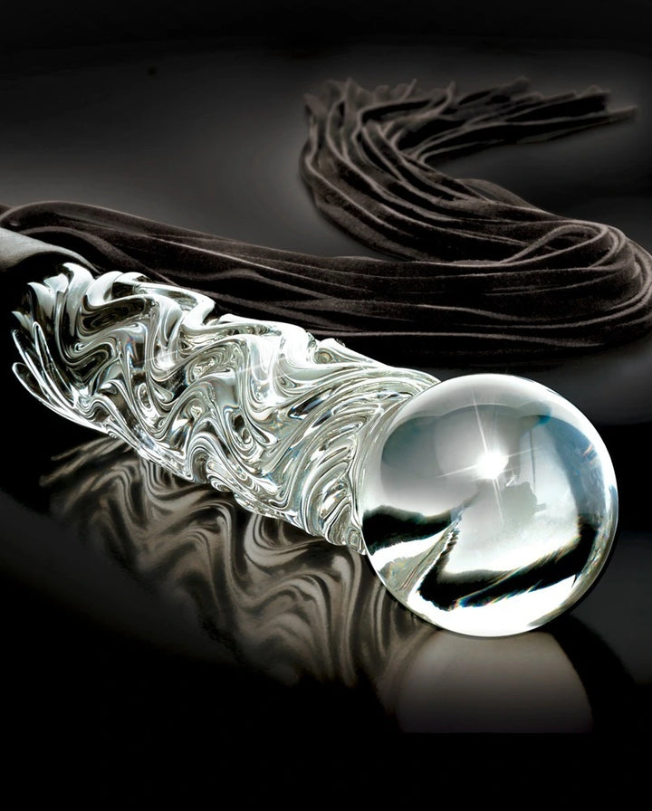 Icicles Glasdildo mit Peitsche – Handgefertigter Glas-Dildo mit Lederriemen 63cm