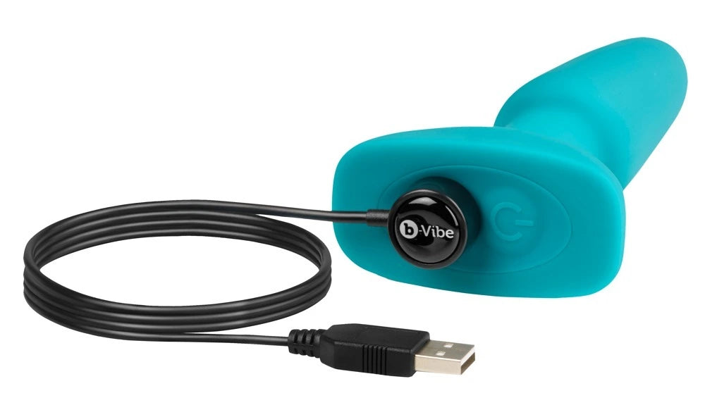 b-vibe Rimming 2 Analplug in Türkis aus Silikon mit USB-Ladekabel, Vibrationsfunktion und elegantem Design