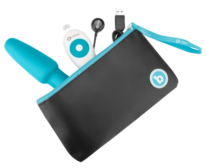 b-Vibe Rimming 2 Analvibrator türkis mit Fernbedienung, USB-Ladekabel und schwarzer Aufbewahrungstasche