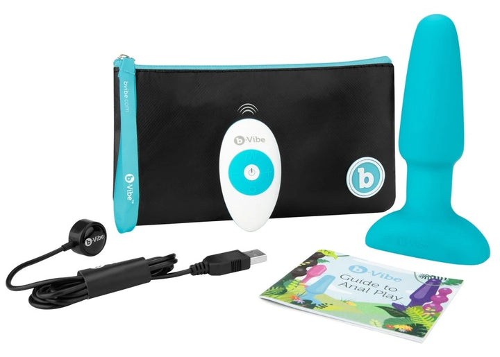 b-vibe Rimming 2 Anal-Plug türkis mit Fernbedienung, USB-Ladekabel und Aufbewahrungstasche – hochwertiges Silikon-Set