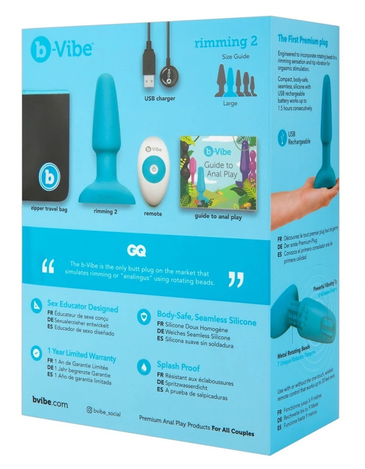 b-Vibe Rimming 2 Analplug in Türkis – hochwertiges Silikon, USB-aufladbar, mit Fernbedienung und Reiseetui