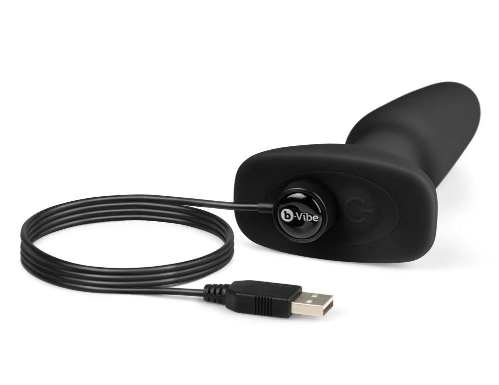 b-Vibe Rimming 2 Anal-Plug in Schwarz aus mattem Silikon mit USB-Ladekabel, hochwertiges Vibrations-Spielzeug