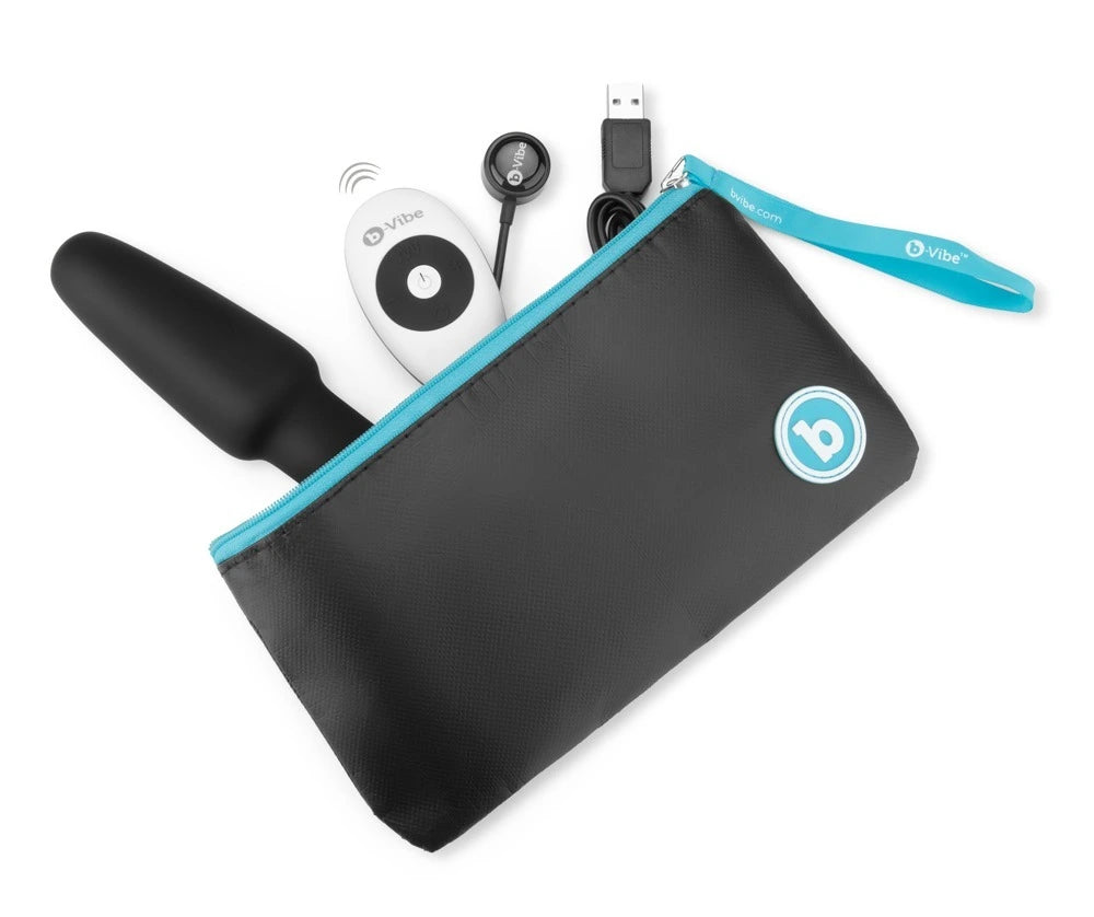 b-vibe Rimming 2 Analplug schwarz mit Fernbedienung, Ladekabel und elegantem Aufbewahrungsbeutel im Set