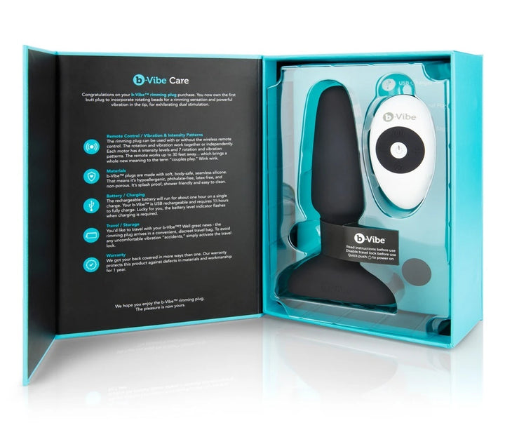 b-Vibe Rimming Plug 2 schwarz in eleganter Geschenkverpackung mit kabellosem Remote-Control und USB-Ladekabel