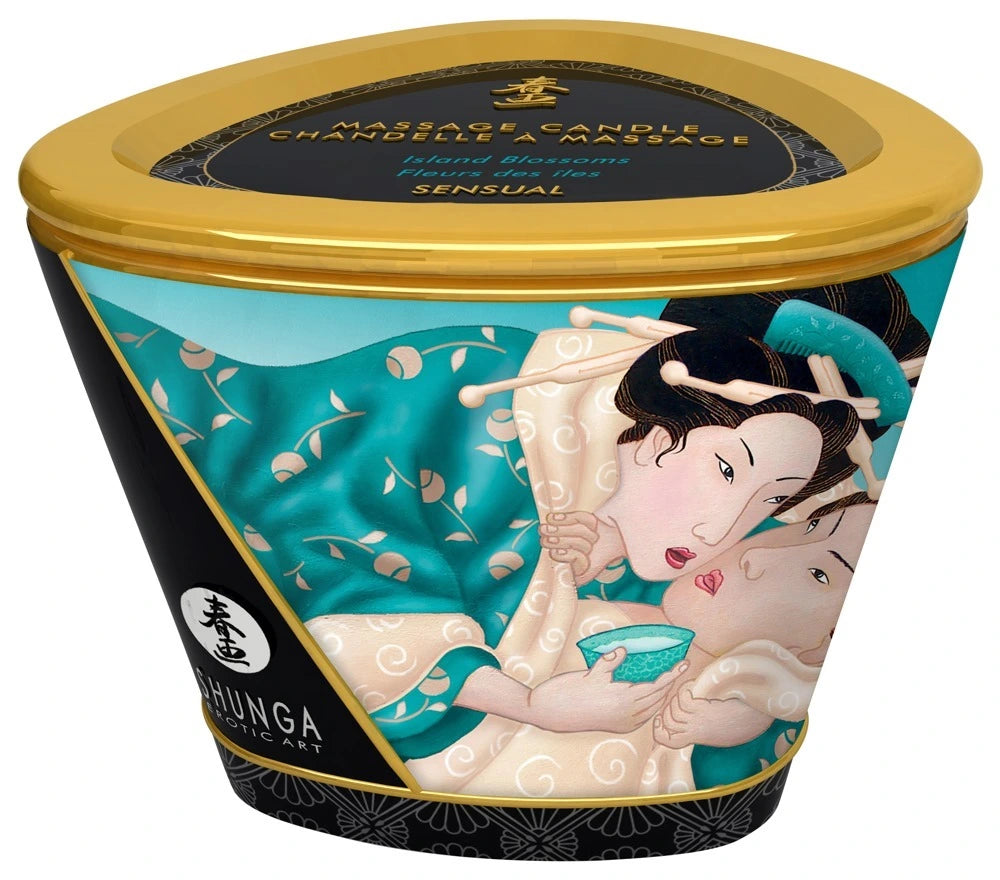 Shunga Massagekerze Island Blossom – Detailaufnahme Vorderseite
