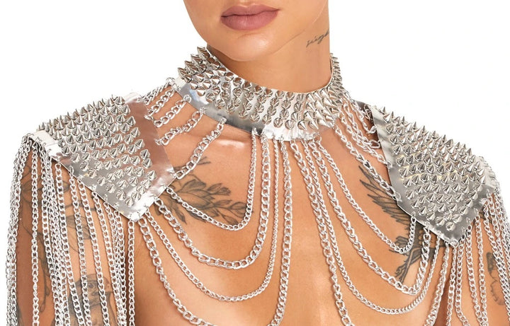 Bad Kitty Kettenkragen Silber Unisex mit Spikes, elegantes Schultergeschirr aus Metallketten und Nieten