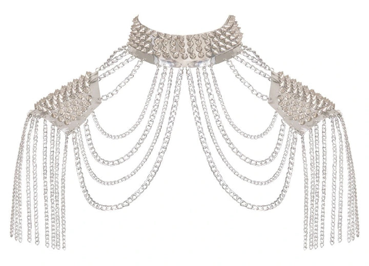 Bad Kitty Kettenkragen Silber mit Spikes – eleganter Unisex Halsschmuck mit Schulterkettendetails und Nieten