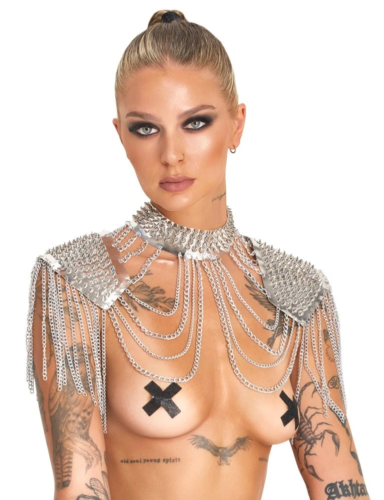 Bad Kitty Kettenkragen Silber mit Spikes – elegantes Unisex Harness aus Metallketten mit Schulterplatten