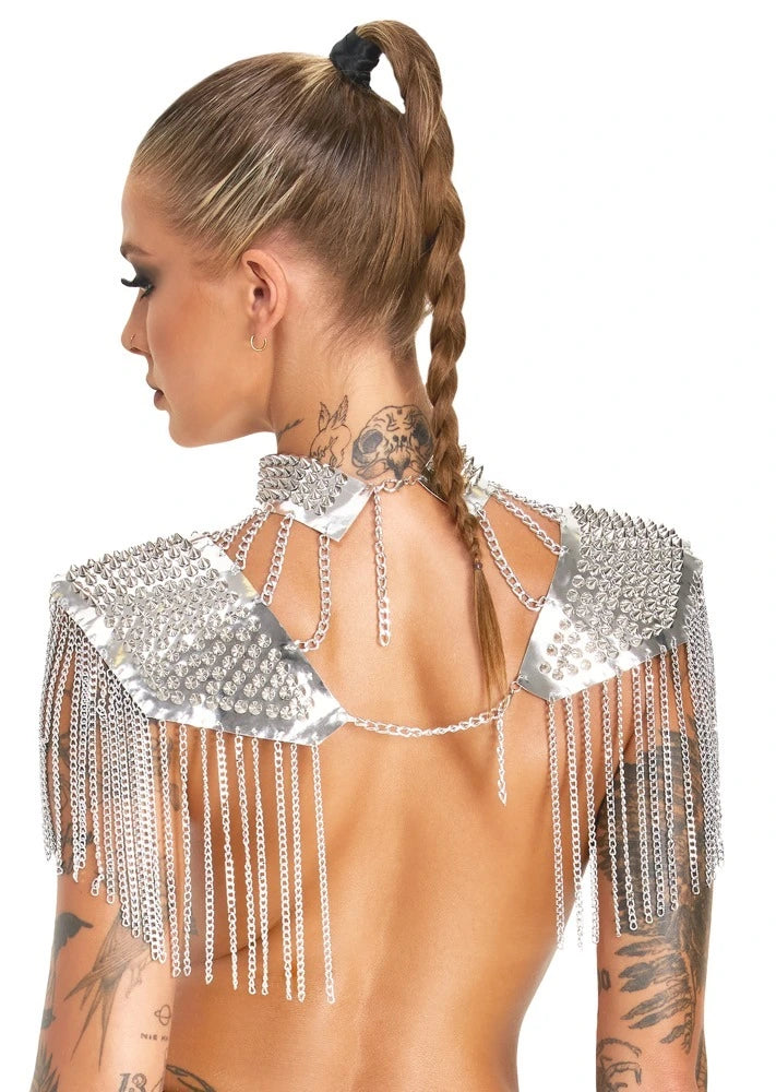 Bad Kitty Kettenkragen Silber Unisex mit Spikes, Schulterplatten und Chain-Fransen – metallisches Statement-Accessoire für Cl