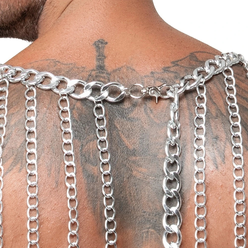 Bad Kitty Kettenkragen Silber Unisex – mehrreihige Metallketten auf tätowiertem Rücken, edgy Clubwear-Accessoire