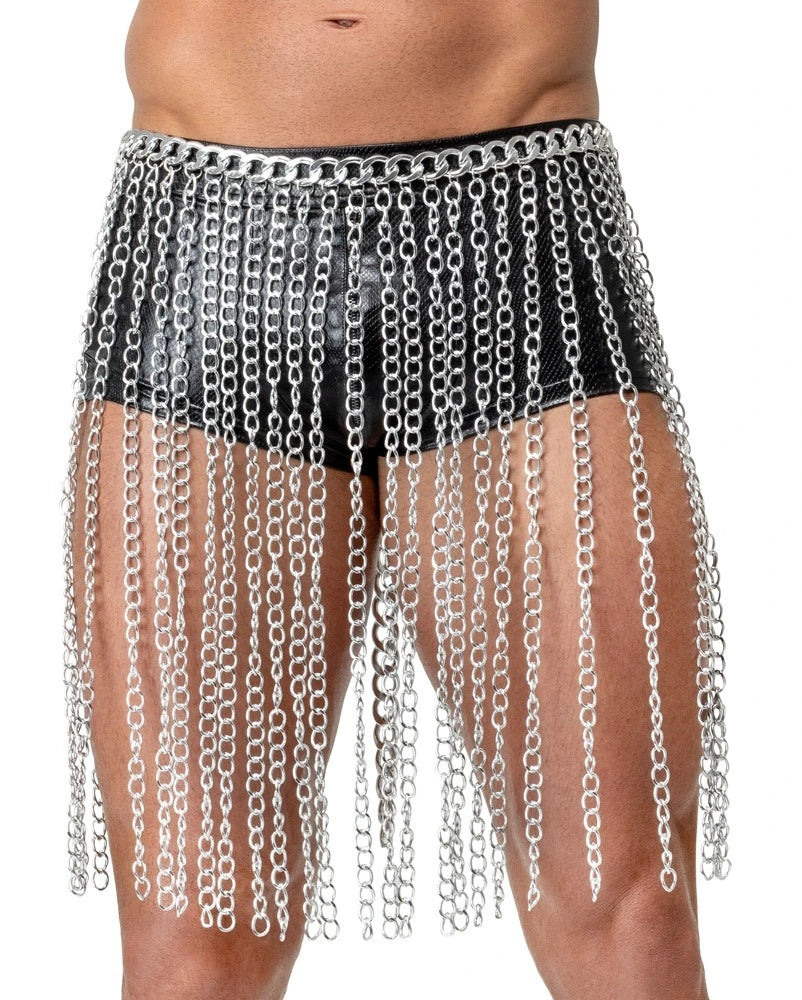 Bad Kitty Kettenrock Silber Unisex – glänzende Metallketten-Fransen auf schwarzem Wetlook-Shorts, avantgardistischer Clubwear