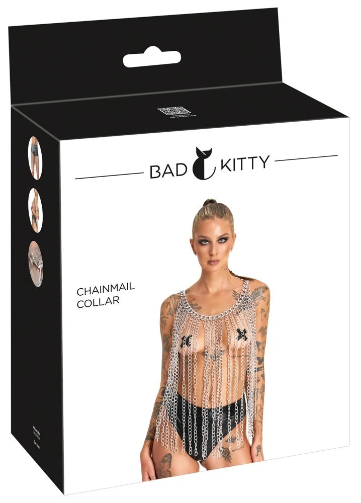 Bad Kitty Chainmail Collar – silbernes Kettenhemd-Collier mit Fransen, elegantes Unisex-Statement-Accessoire aus Metallketten