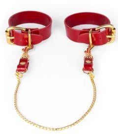 KinkySabine - Lederhandfesseln mit Kette rot/gold