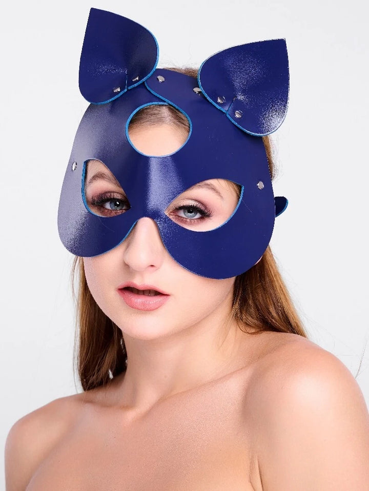 KinkySabine - Ledermaske "Kätzchen" blau/silber