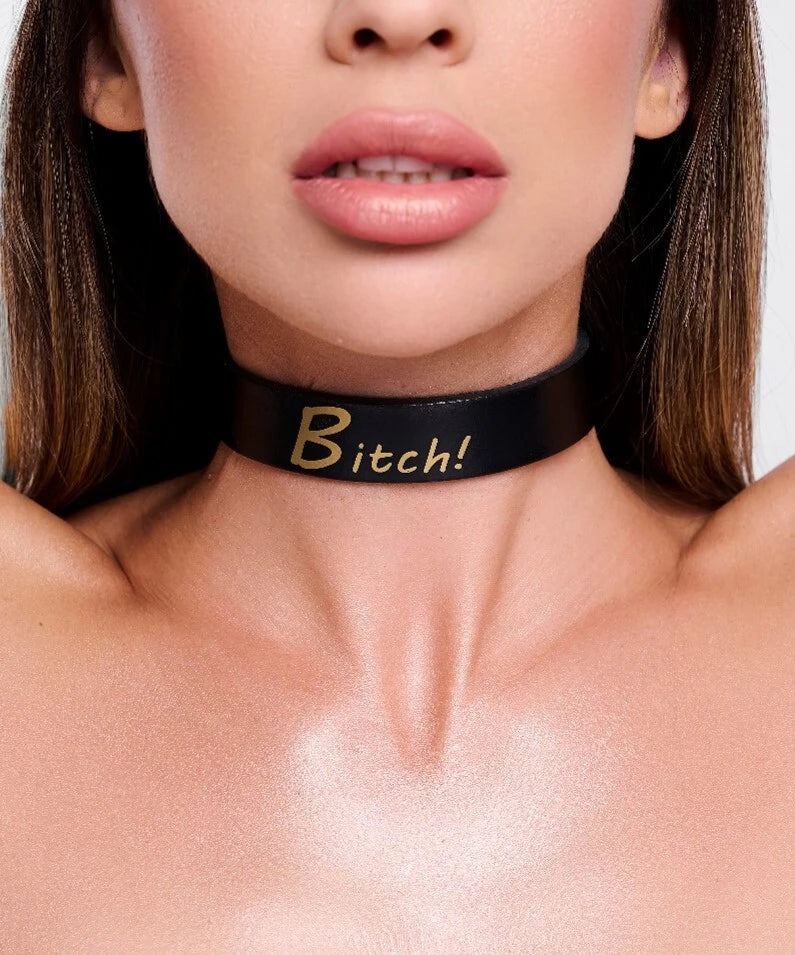 KinkySabine - Lederhalsband "Bitch" schwarz/gold