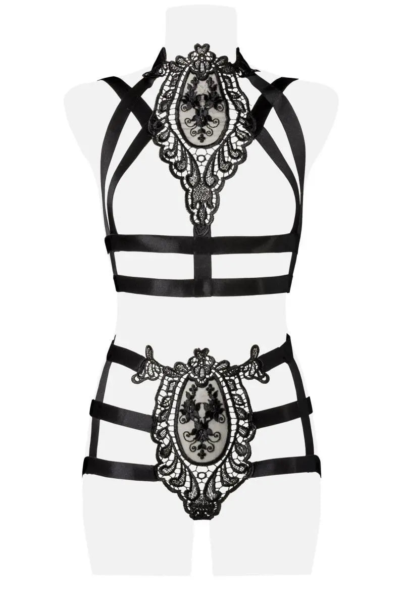 Grey Velvet - 2-teiliges Harness-Set mit tollen Spitzenapplikationen