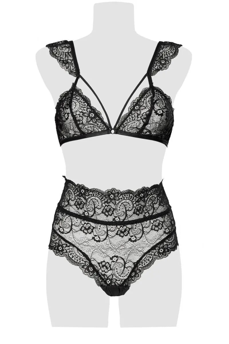 Grey Velvet - High Waist Spitze Dessous Set mit Flügelärmeln