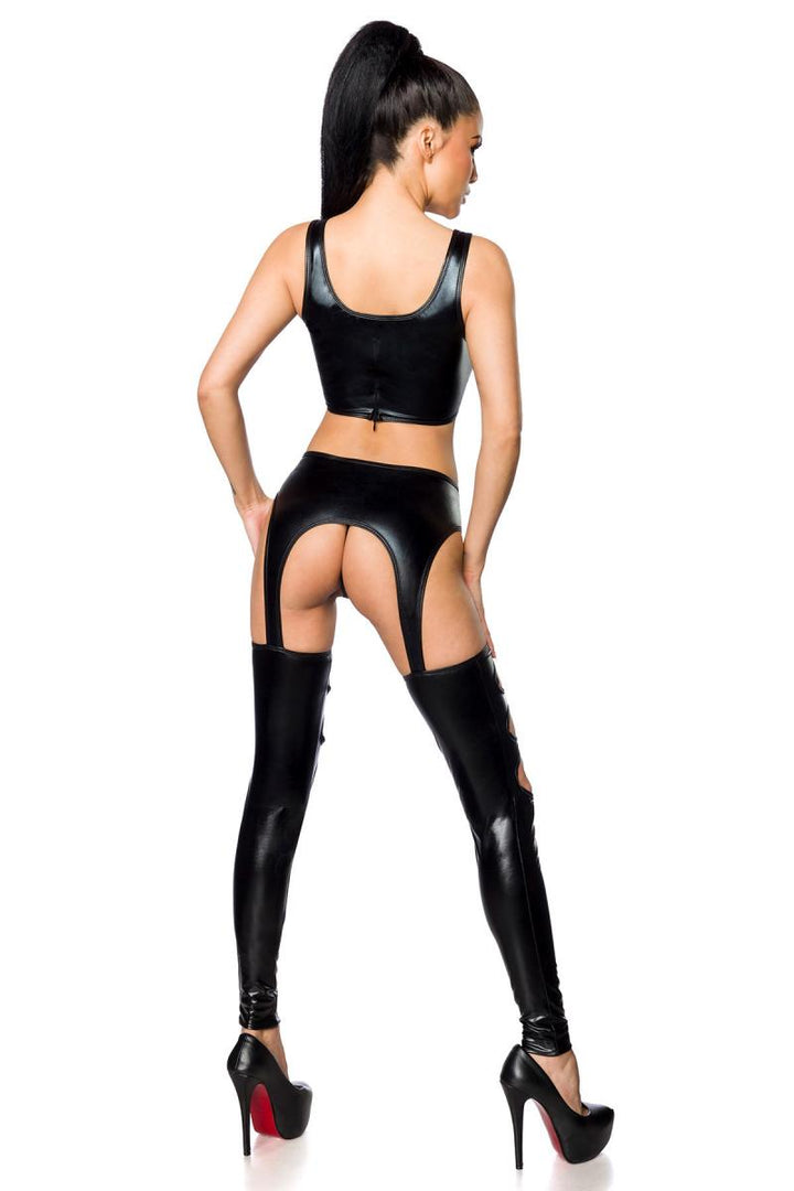 KinkySabine Saresia Wetlook-Set 18253 in black features a crop top and high-waisted leggings with cutouts, styled with high h
