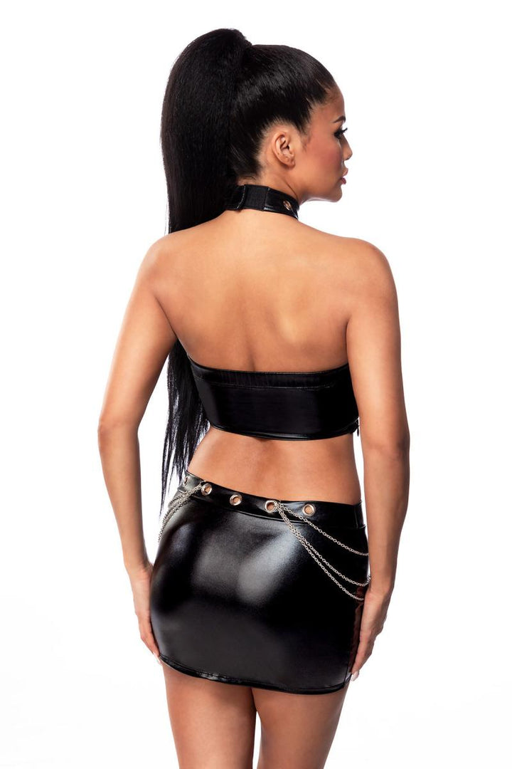 KinkySabine Saresia Wetlook Set 18286 Schwarz features a black wetlook crop top and mini skirt with chain details.