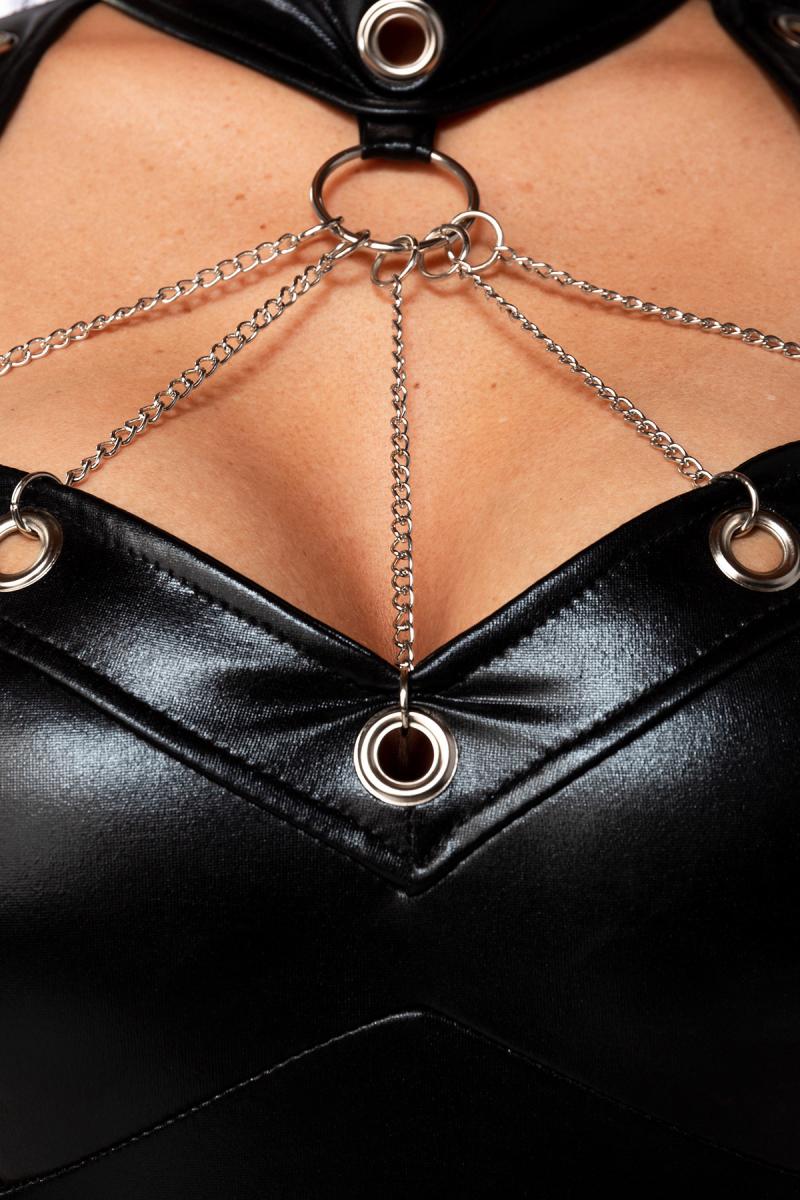 KinkySabine Saresia Wetlook Minikleid 18287 in black features a plunging neckline with metallic chain detailing.