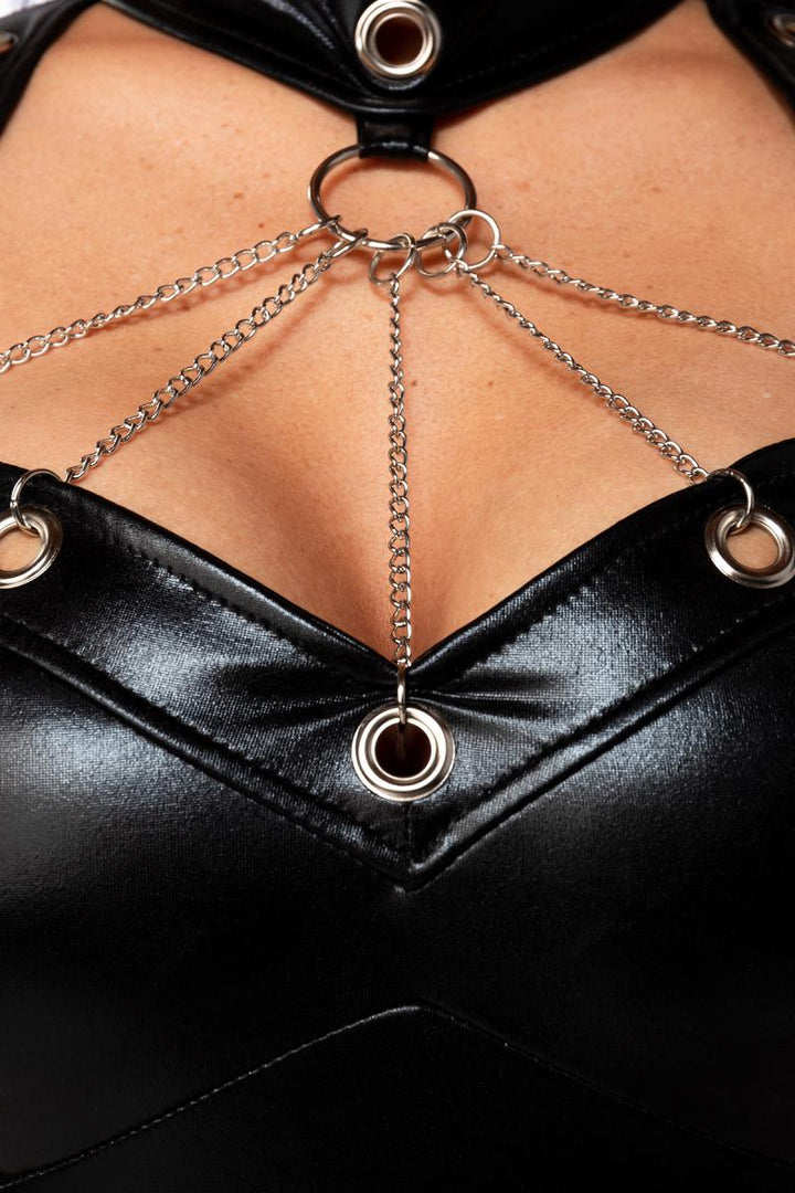 KinkySabine Saresia Wetlook Minikleid 18287 in black features a plunging neckline with metallic chain detailing.