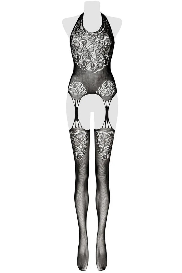 Grey Velvet - Ouvert Bodystocking mit Strapsen und Blüten-Muster