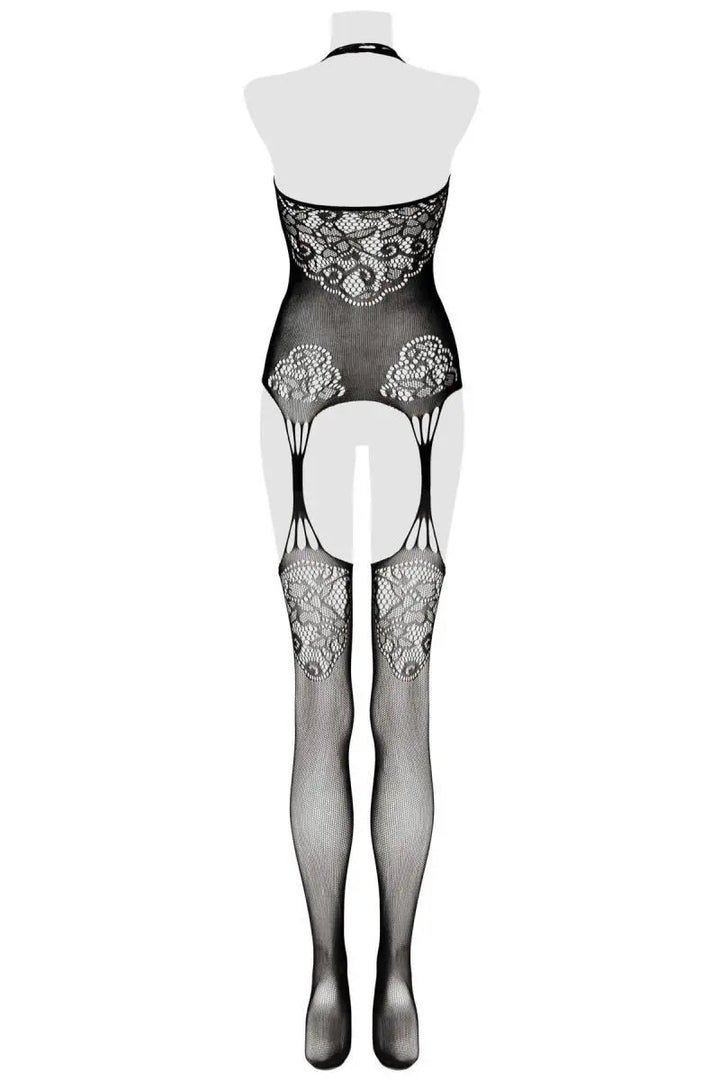 Grey Velvet - Ouvert Bodystocking mit Strapsen und Blüten-Muster