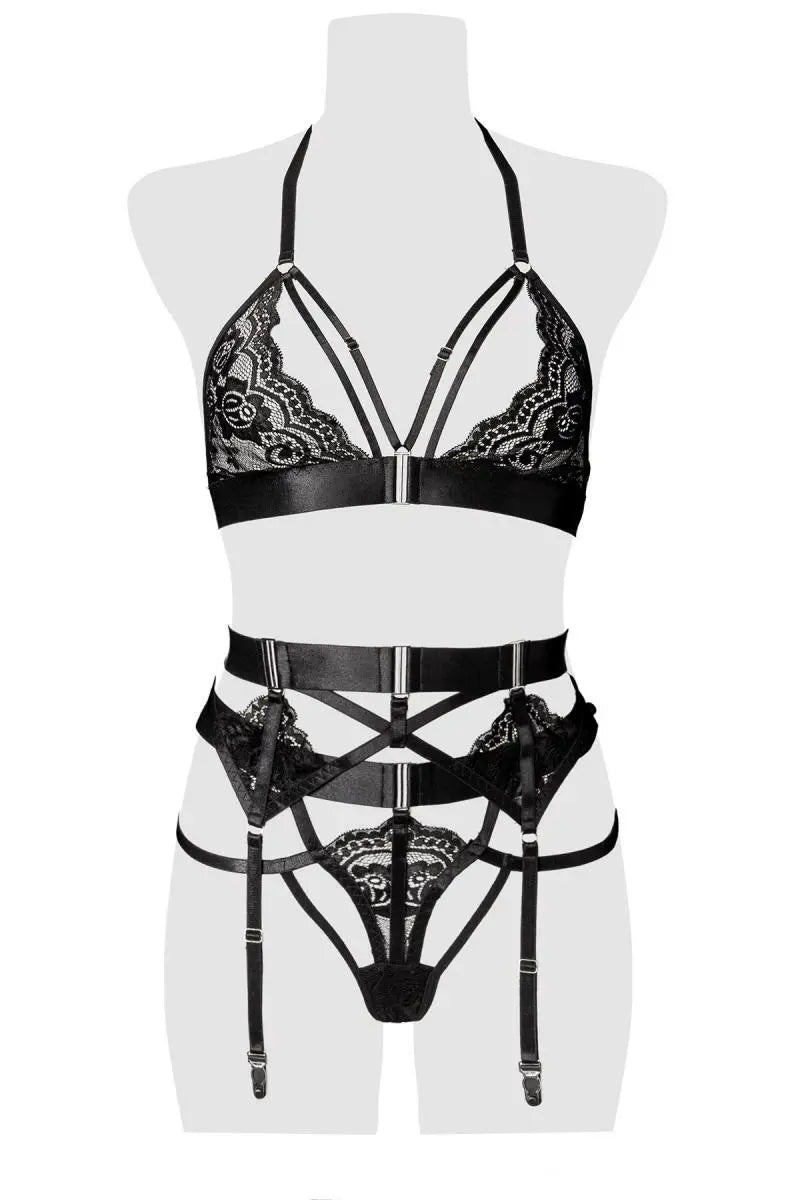 Grey Velvet - 3-teiliges Lingerie-Set Sinnliche Spitze und elastisches Banddesign