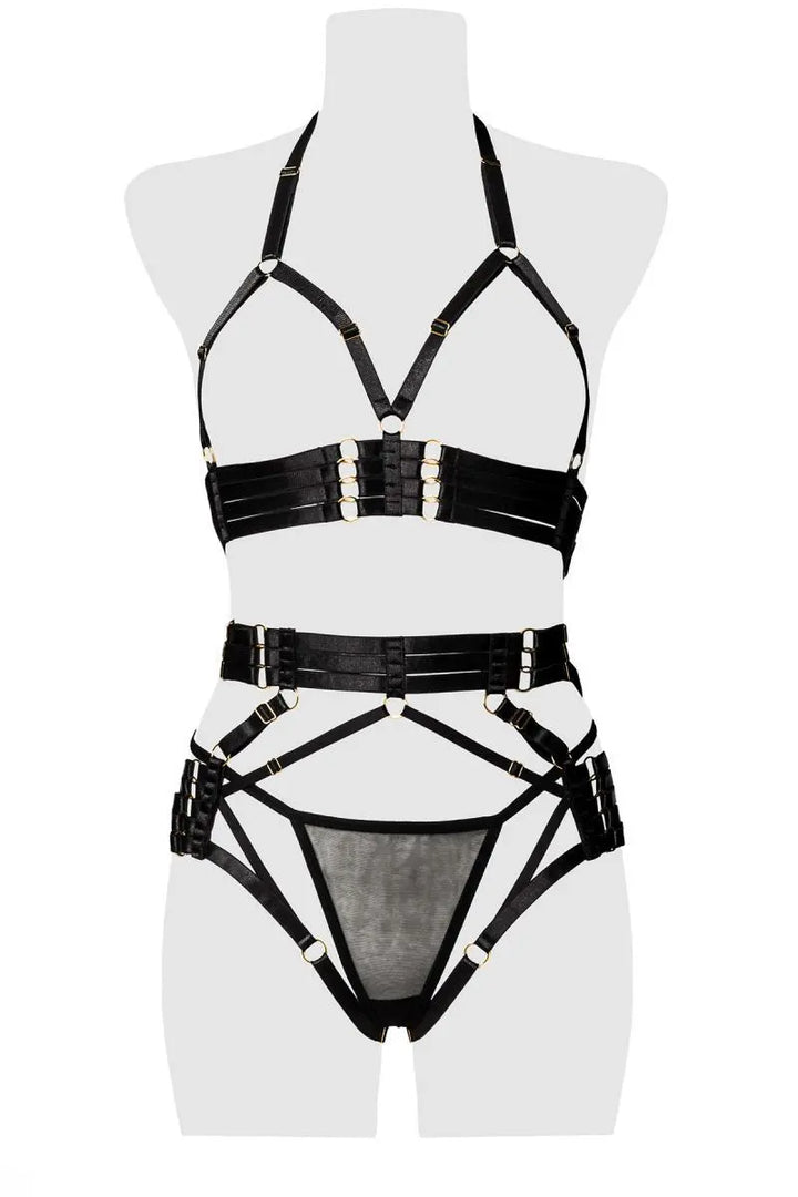 Grey Velvet - BH im Bänderdesign mit Harness und Slip