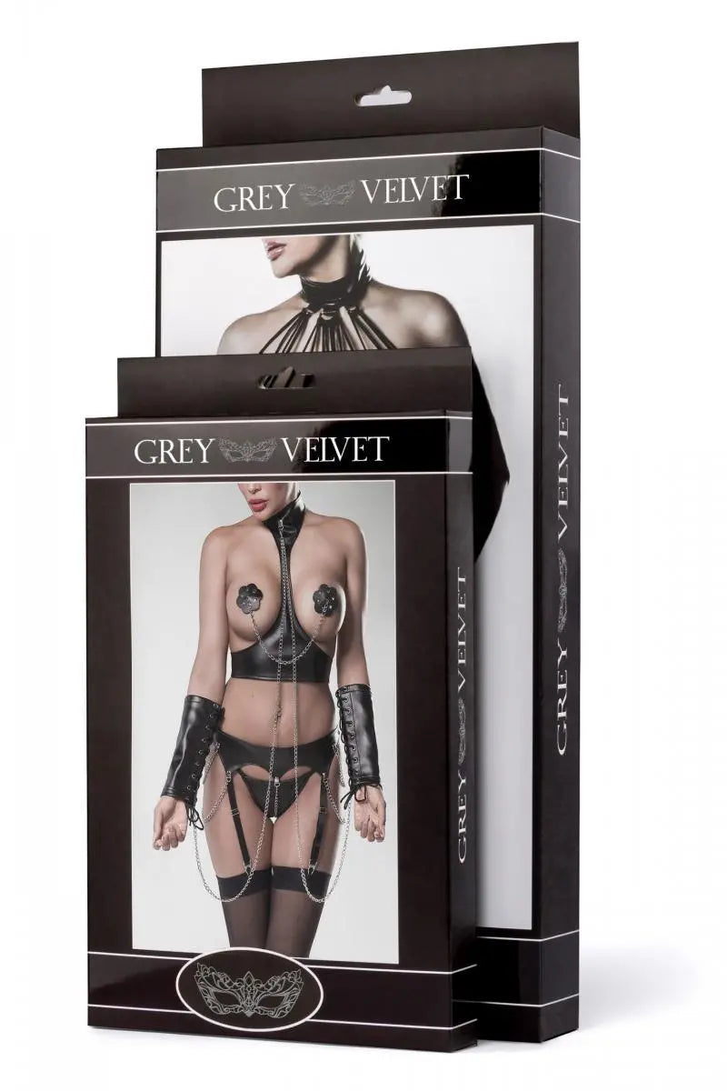 Grey Velvet - Fetisch Straps-Set im Fessel Look mit Intim-Kette