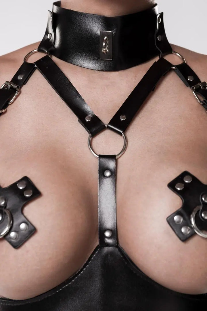 Grey Velvet - Fetisch Body Harness im ouvert Leder Look mit Halsband