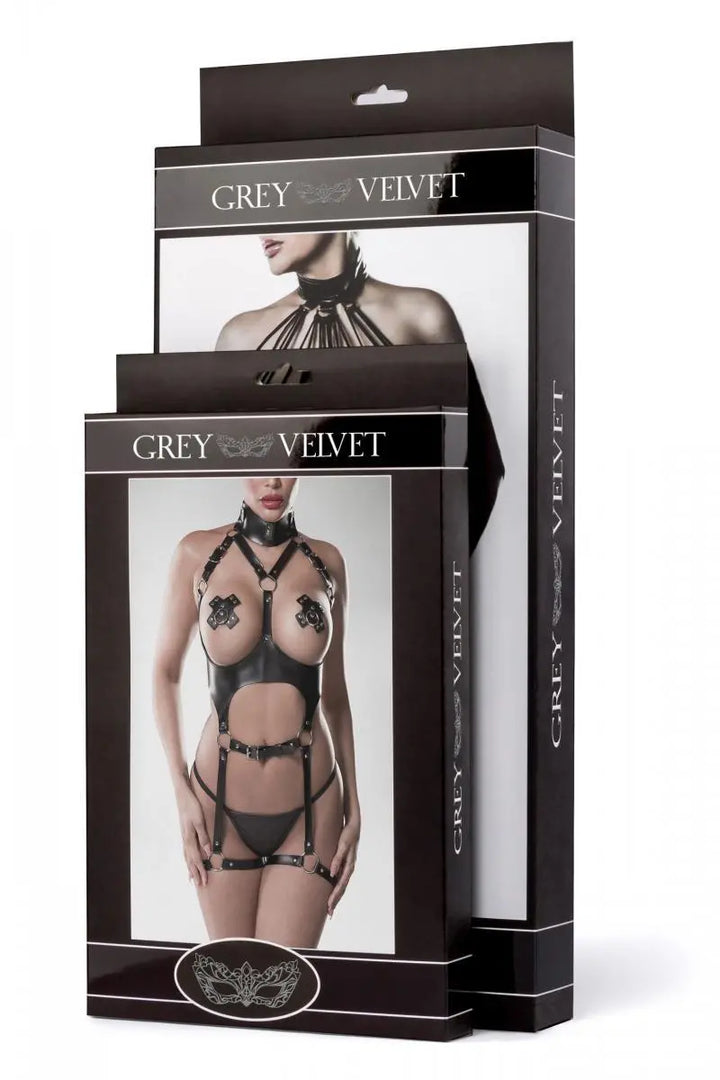 Grey Velvet - Fetisch Body Harness im ouvert Leder Look mit Halsband