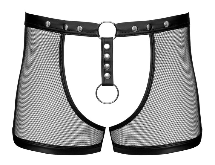 Svenjoyment Herren-Jock Ouvert-Pants in Schwarz, Netzstoff mit Kunstleder-Details, Nieten und Metall-Cockring