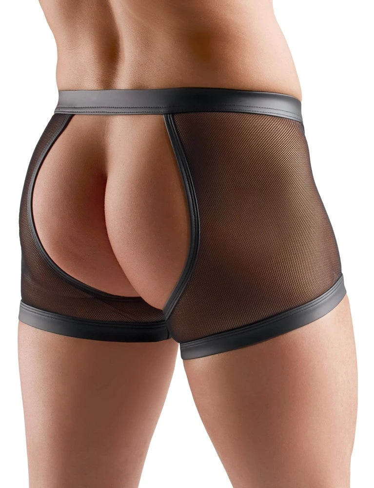 Svenjoyment Herren Ouvert-Pants aus schwarzem Wetlook und transparentem Netz-Mesh mit offenem Gesäß