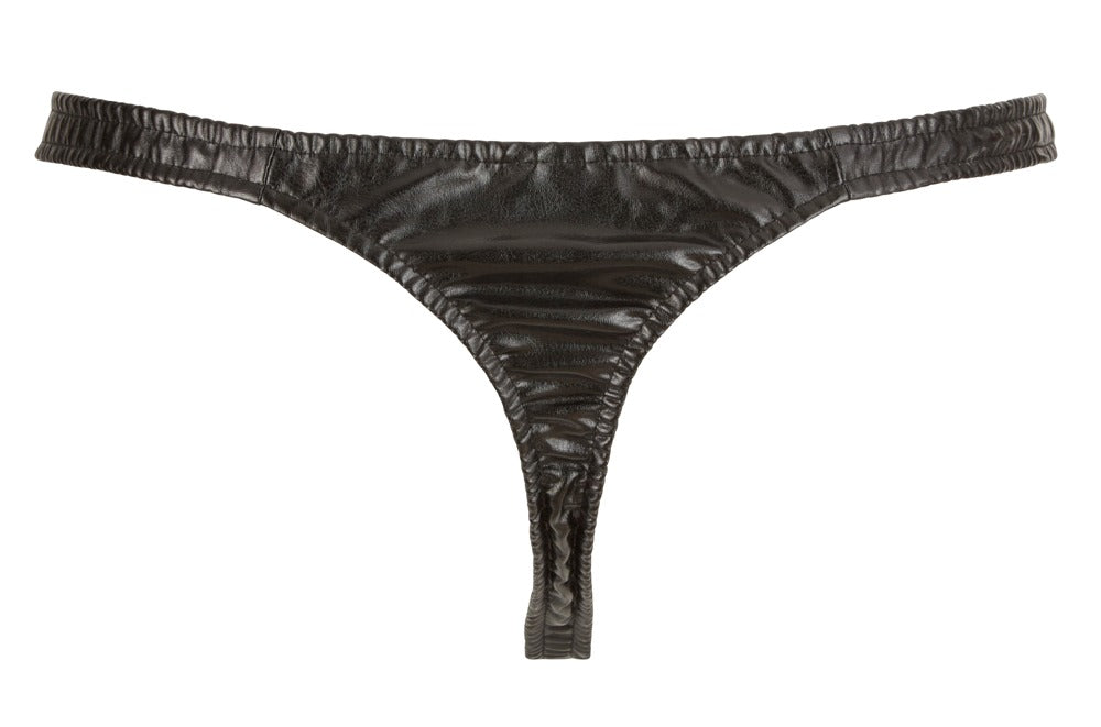 Svenjoyment Herren-String Schwarz mit offener Front aus Lederimitat