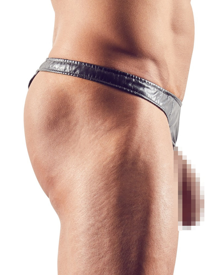 Svenjoyment Herren-String Schwarz mit offener Front aus Lederimitat